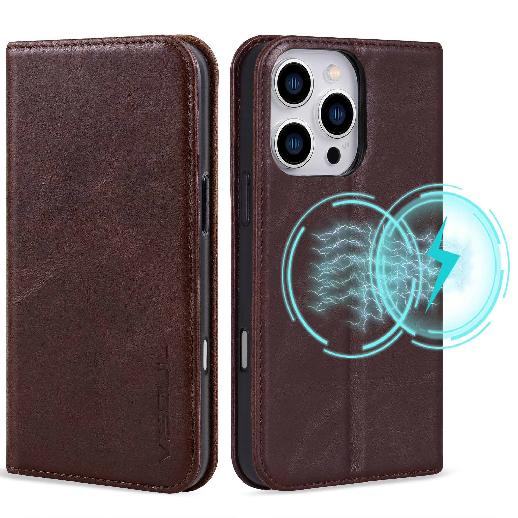 VISOUL Oil Waxed Genuine Leather Wallet Case Compatible with iPhone Pro 16 6.3-inch 5G 2024 with Wireless Charging, 3 Card Slot, Kickstand, Magnetic Flip Cover, Shockproof TPU Shell-Coffee — image 1
