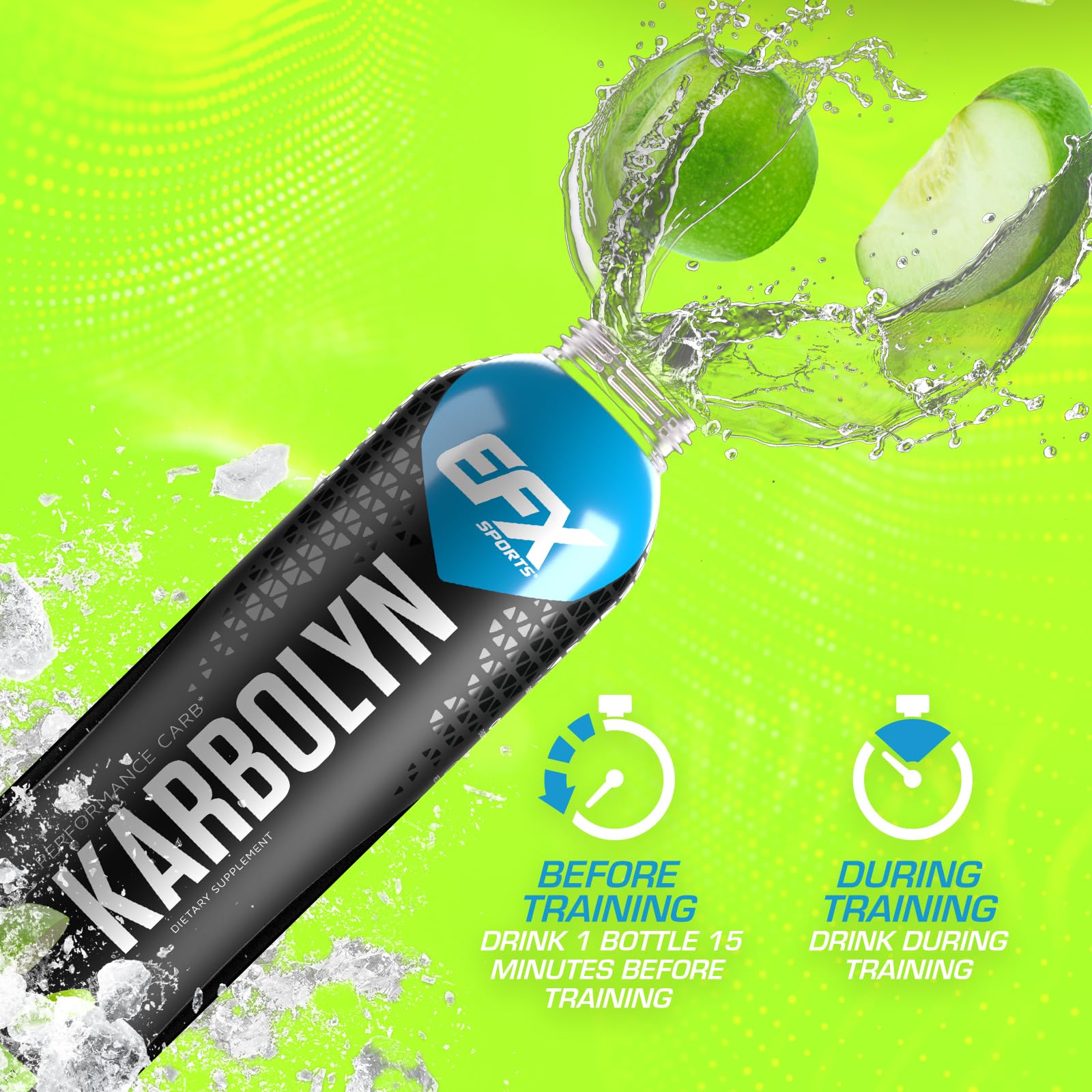 EFX Sports Karbolyn Fuel Drink | Pre, Intra, Post Workout Carbohydrate Drink | Carb Load, Sustained Energy | Stimulant & Sugar Free | 12 Pack (Green Apple)