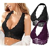 SHEKINI Lace Halter Bra Bralette Top Padded Wireless Bra Pullover Racerback Breathable Lingerie 2 Pack