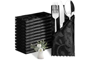 Eychei 12 Pack Black Satin Napkins 17 x 17 Inch Damask Napkins, Silky Soft Jacquard Table Cloth Napkin Set of 12, Square Table Napkins Fabric Dinner Napkins for Wedding Banquet Party Decoration