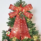 Christmas Tree Bow, 17'' x 24'' Tree Topper with 90 LED Lights, Battery Powered Prelit Red Bow Christmas Decorations with Pine Cone Bell for Indoor Home Window Wall Door Front Outdoor Decorations