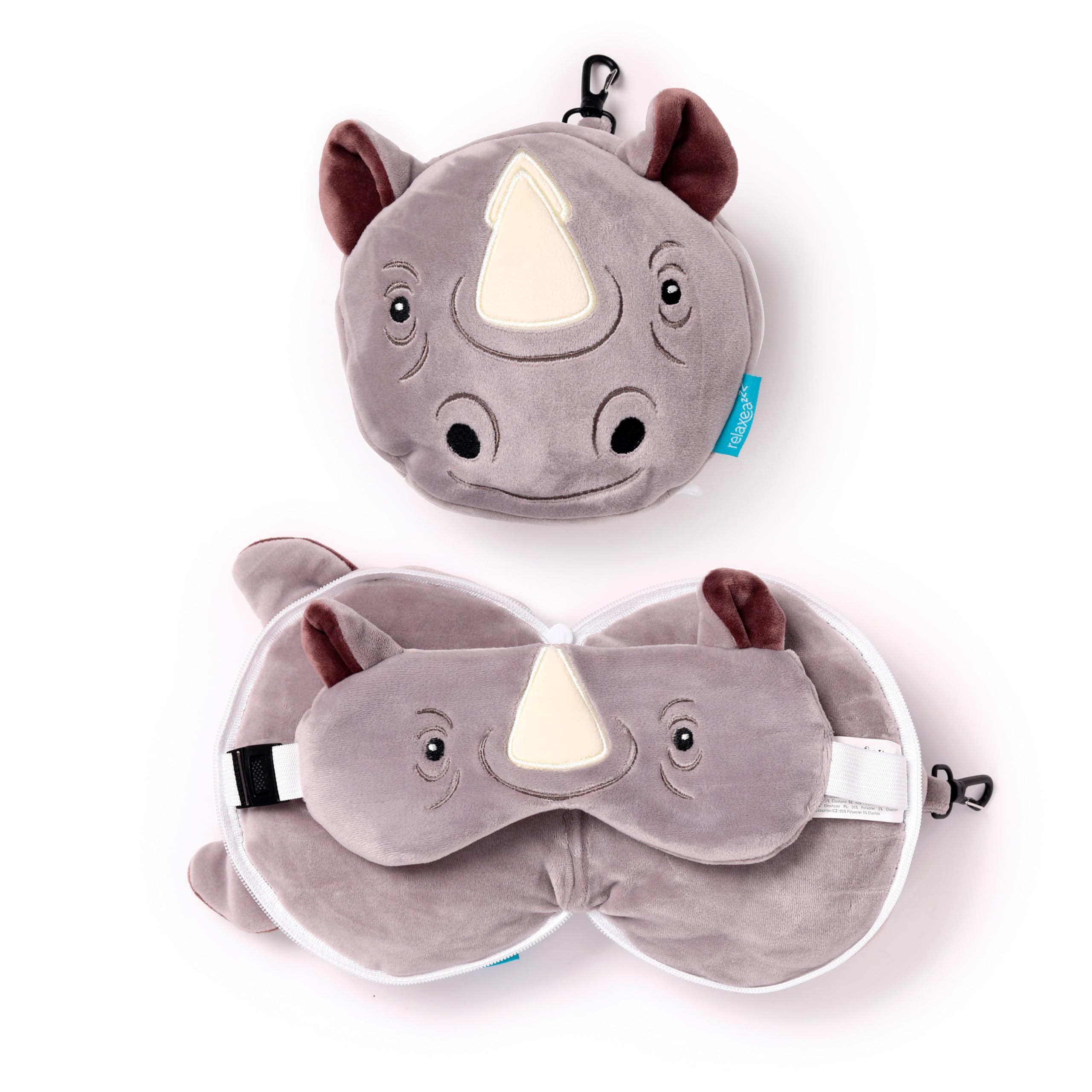 Relaxeazzz Rhino Round Plush Travel Pillow & Eye Mask - Sleep Eye Mask Masks - Kids Travel Accessories For Sleeping Airplane - Flight Plane Neck Pillow Pillows