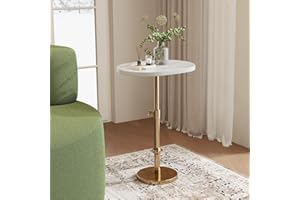 WHGBJA Drink Table, Pedestal Small Side Table with Metal Antique Brass Stand Base, Vintage Oval Cocktail Martini Tables for Small Spaces