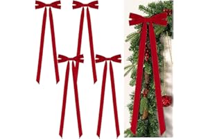ZerUprin 4Pcs Large Christmas Velvet Bow - 31.5" X 9.8" Red Vintage Christmas Tree Topper Bows Ribbon- Xmas Wreath Decoration