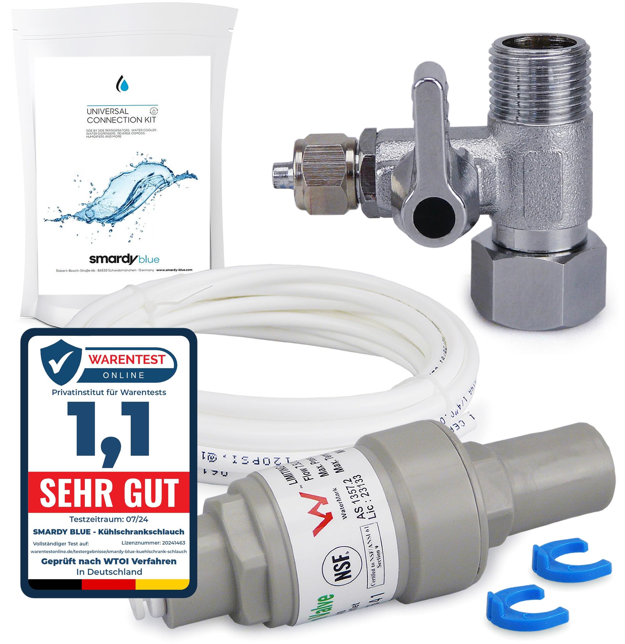 smardy Premium kit - Pressure Regulator 2.75 BAR (40 psi), Shut-Off Valve and 5m Hose 6,35mm (1/4") White for SBS Refrigerator, Water Filter, RO System