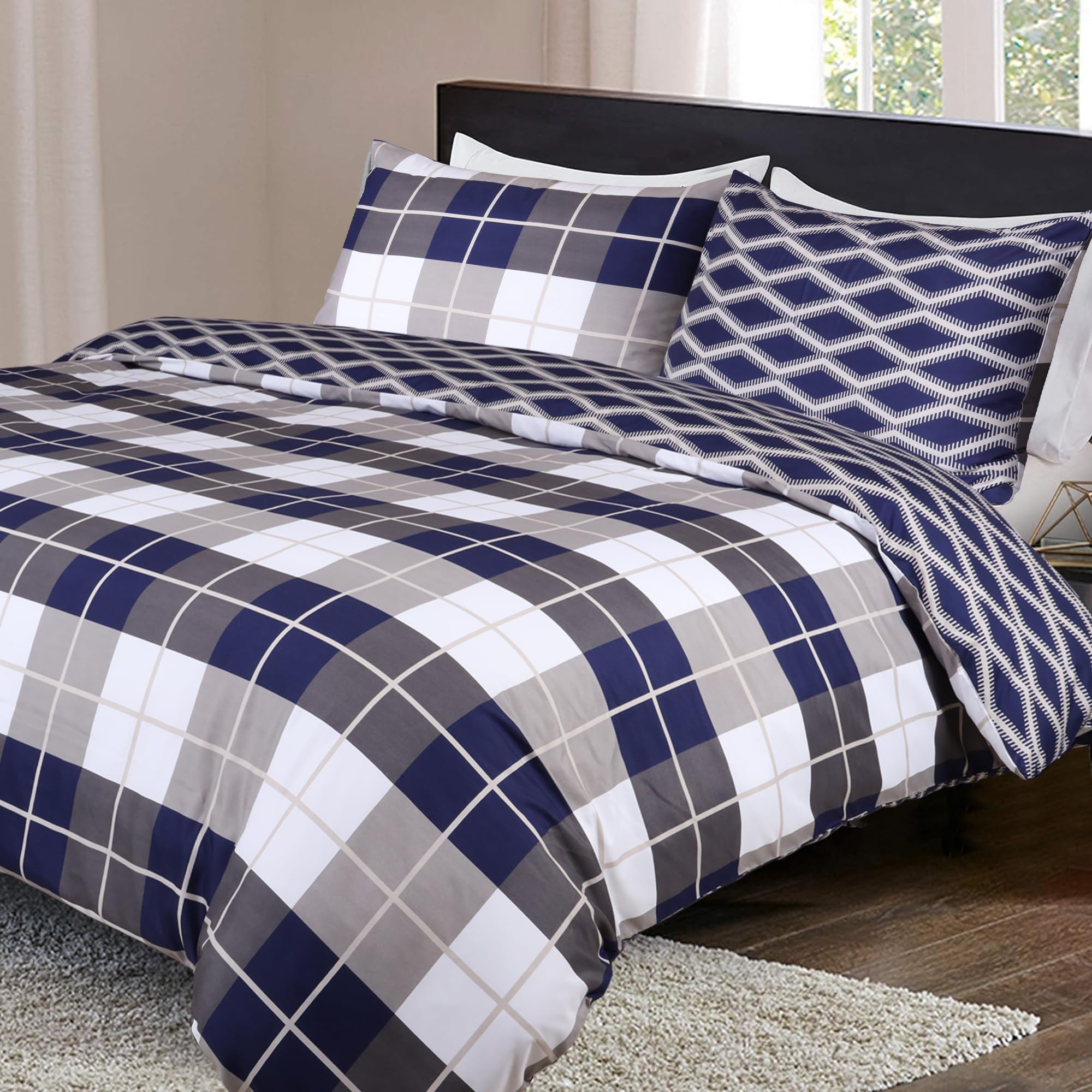 Imperial Rooms Super King Duvet Set Soft Printed Bedding Sets Brushed Microfiber Duvet Covers with Pillowcases (Navy Check 260x220 CM)