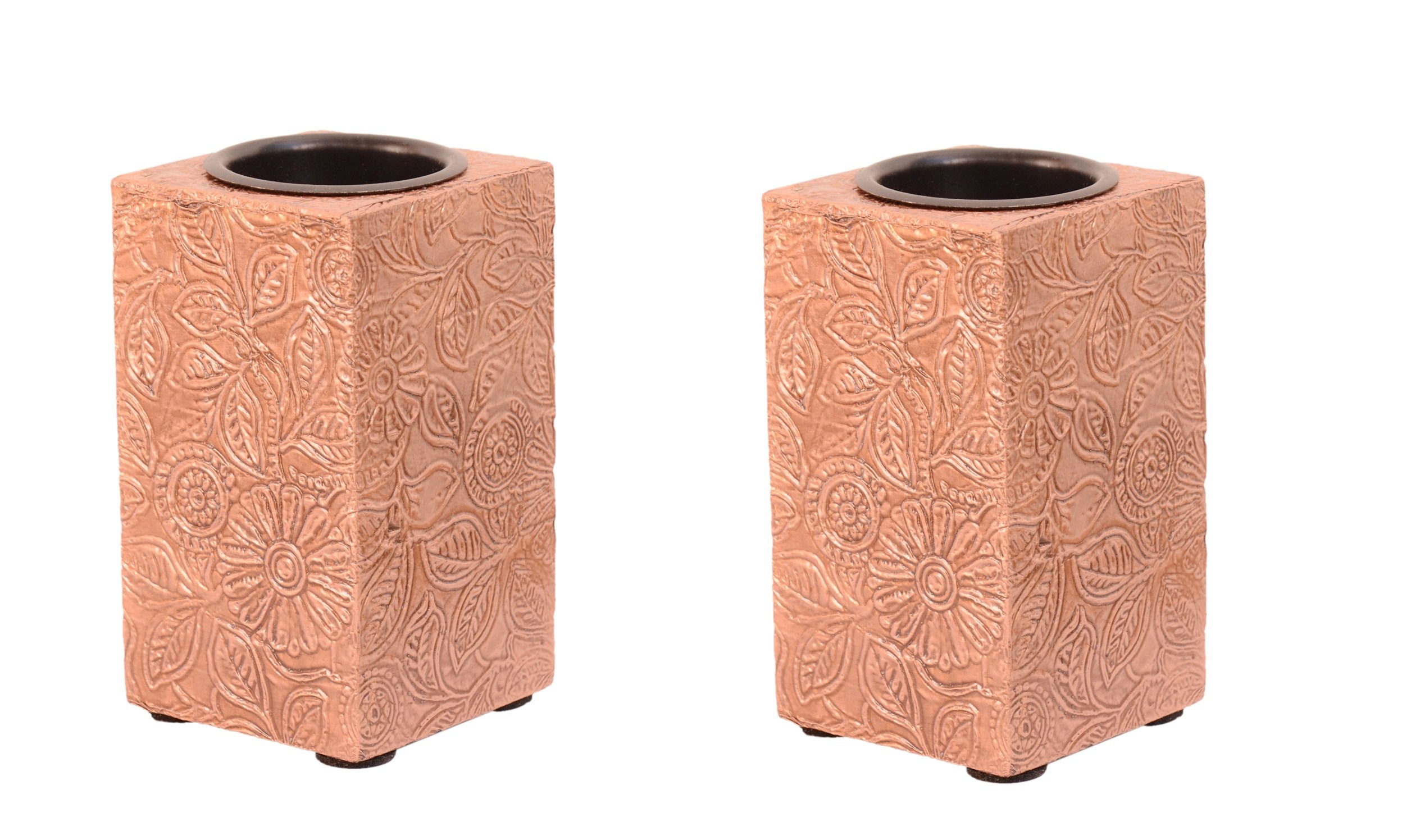 Purpledip Wooden T Light Candle Holders with Brass Sheet Cover (Set of 2) Copper, Indian souvenir, gift (10998)