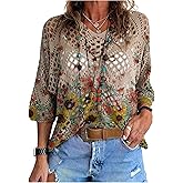 WDIRARA Women's Floral Crochet Sweaters 3/4 Sleeve Hollow Out Pullover Loose Knit Tops