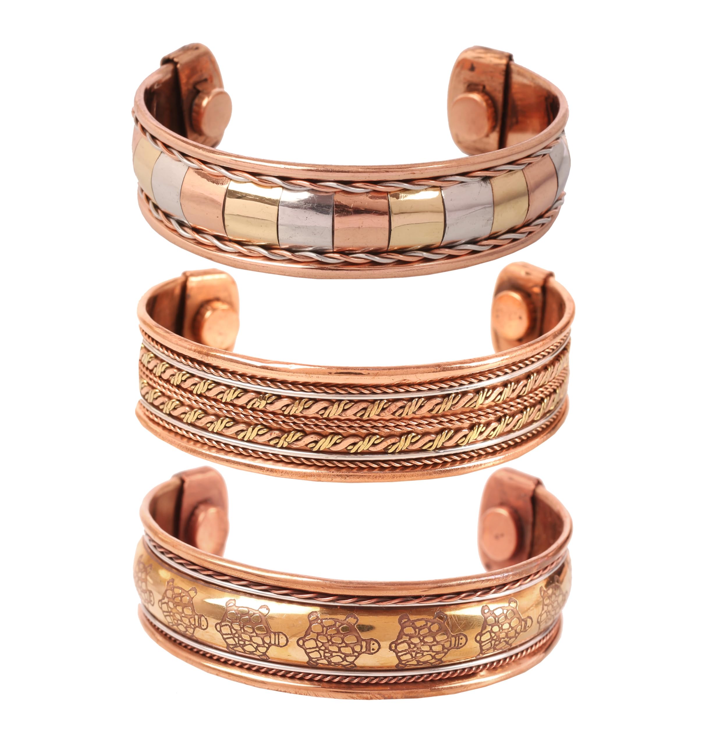Touchstone Copper magnetic bracelet Tibetan style. Hand forged with solid and high gauge Celtic Tortoise pure copper. Set of 3 different designs in 3 metals.