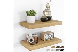 RICHFOCUS 16Inch Floating Shelves for Wall 2 Pack Shelves for Bedroom|Kitchen|Bathroom Wall Mounted Rustic Wood Floating Shelf with Invisible Brackets for Books|Storage|Decor, Oak