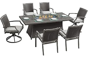 Kinger Home Isla Rattan 7-Piece Patio Set with 76" Propane Fire Pit Table 50,000 BTU, Dining & Swivel Chairs Included, CSA Certified for Outdoor Dining and Conversations