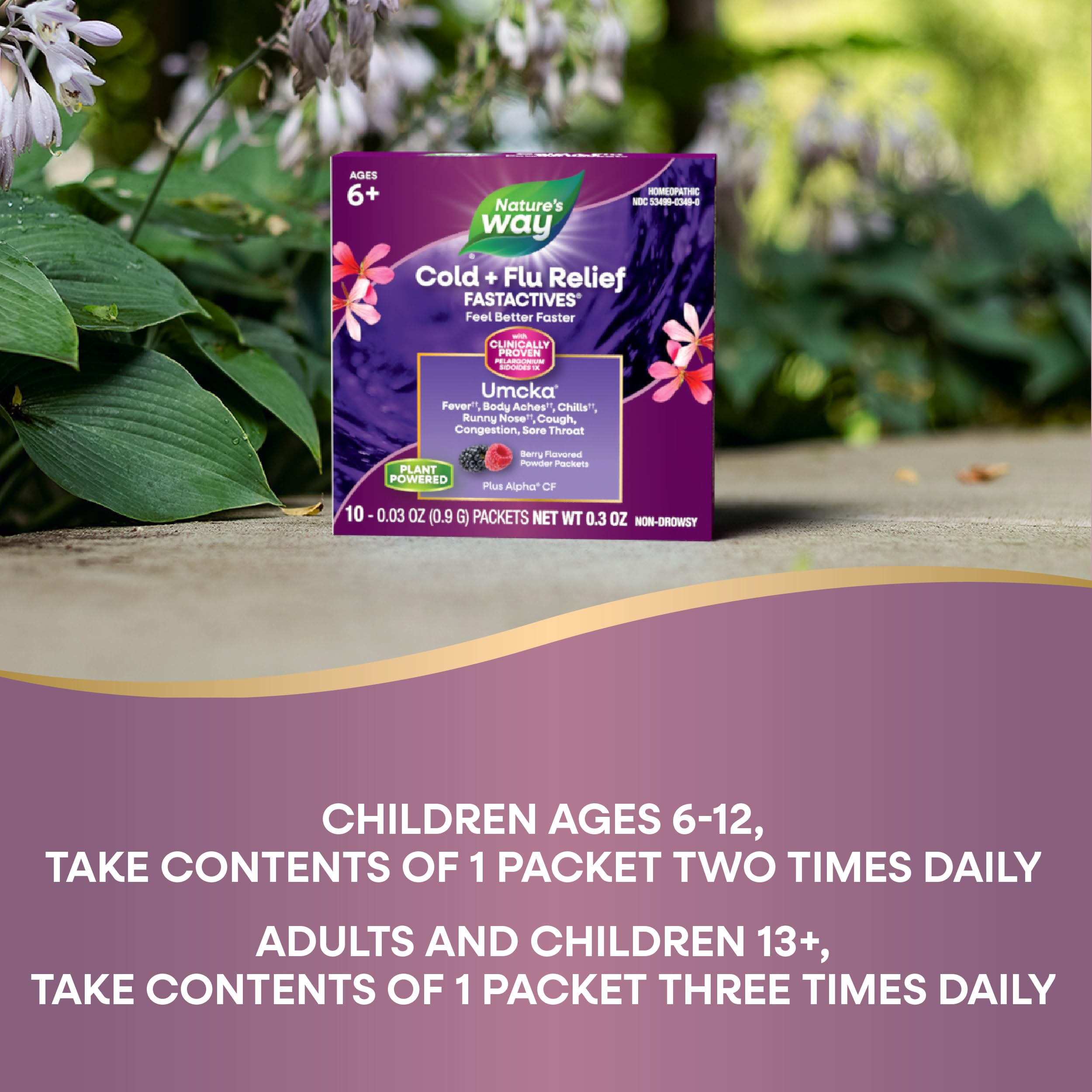 Nature's Way Cold + Flu Relief FastActives, Umcka, Homeopathic, Fever*, Sore Throat, Cough, Congestion, Phenylephrine Free, Non-Drowsy, Berry Flavored, 10 Packets (Packaging May Vary)