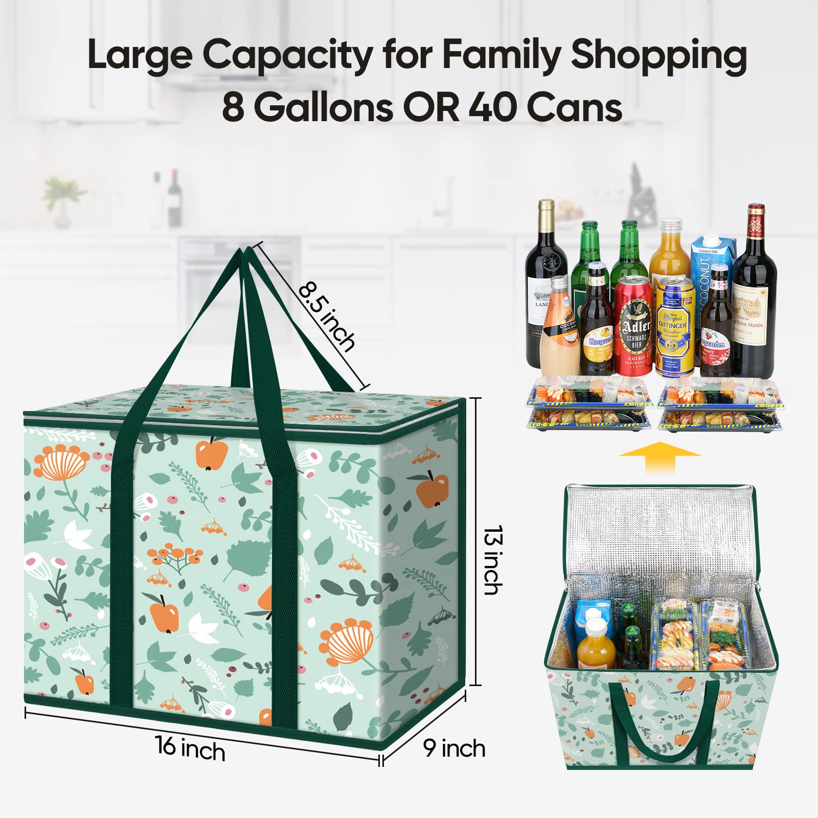 BALEINE 2Pk Insulated Reusable Grocery Bags, Collapsible Cooler Bag for Groceries, Heavy Duty Large Insulated Bag (16''x9''x13'', Spring Stroll)