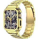 HEYZONE Metal Band Compatible with Apple Watch Band 44mm 45mm for Series SE/SE2 9 8 7 6 5 4,Stainless Steel iWatch Band with Bumper Case for Men,iWatch Strap with Metal Protective Cover