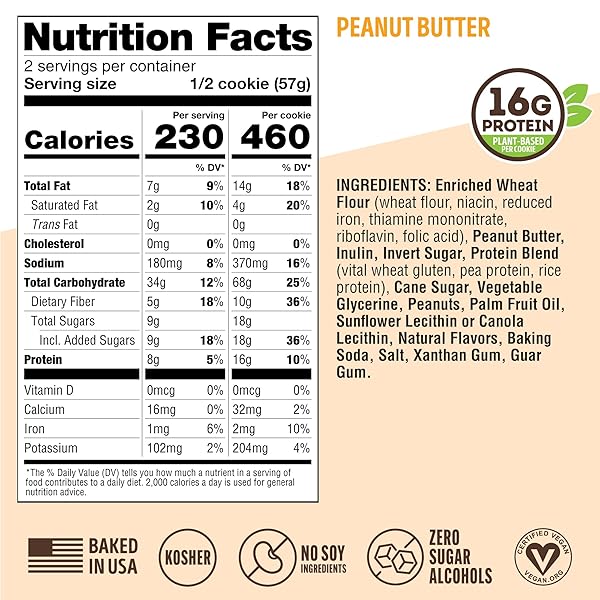 LENNY & LARRY’S COMPLETE PROTEIN COOKIE, [PEANUT BUTTER], CHEWY SOFT BAKED, 16G PLANT PROTEIN, VEGAN, NON-GMO, HIGH FIBER, [4 OUNCE] COOKIE (PACK OF 12)
