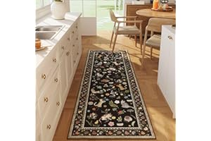Rugcomf Runner Rug for Kitchen Non Slip 2'6''x8' Washable Rugs with Rubber Backing Soft Floral Animal Cat Carpet Runner for Kitchen Laundry Bedroom Bathroom, Black
