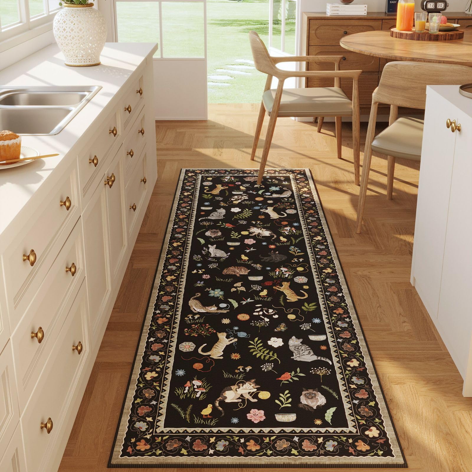 Photo 1 of Rugcomf Runner Rug for Kitchen Non Slip 2'6''x8' Washable Rugs with Rubber Backing Soft Floral Animal Cat Carpet Runner for Kitchen Laundry Bedroom Bathroom, Black
