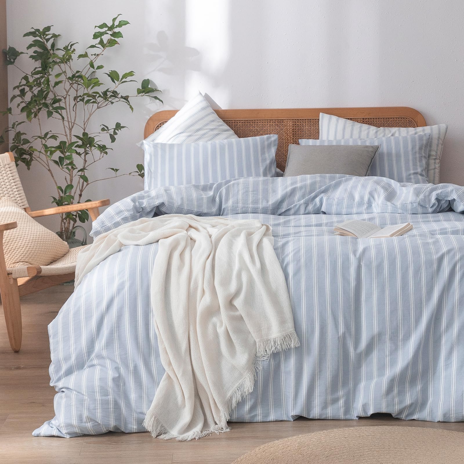 Photo 1 of BESTOUCH Duvet Cover Set 100% Washed Cotton Linen Feel Super Soft Comfortable Chic Lightweight 3 PCs Home Bedding Set Cornflower Blue & White Stripes Queen