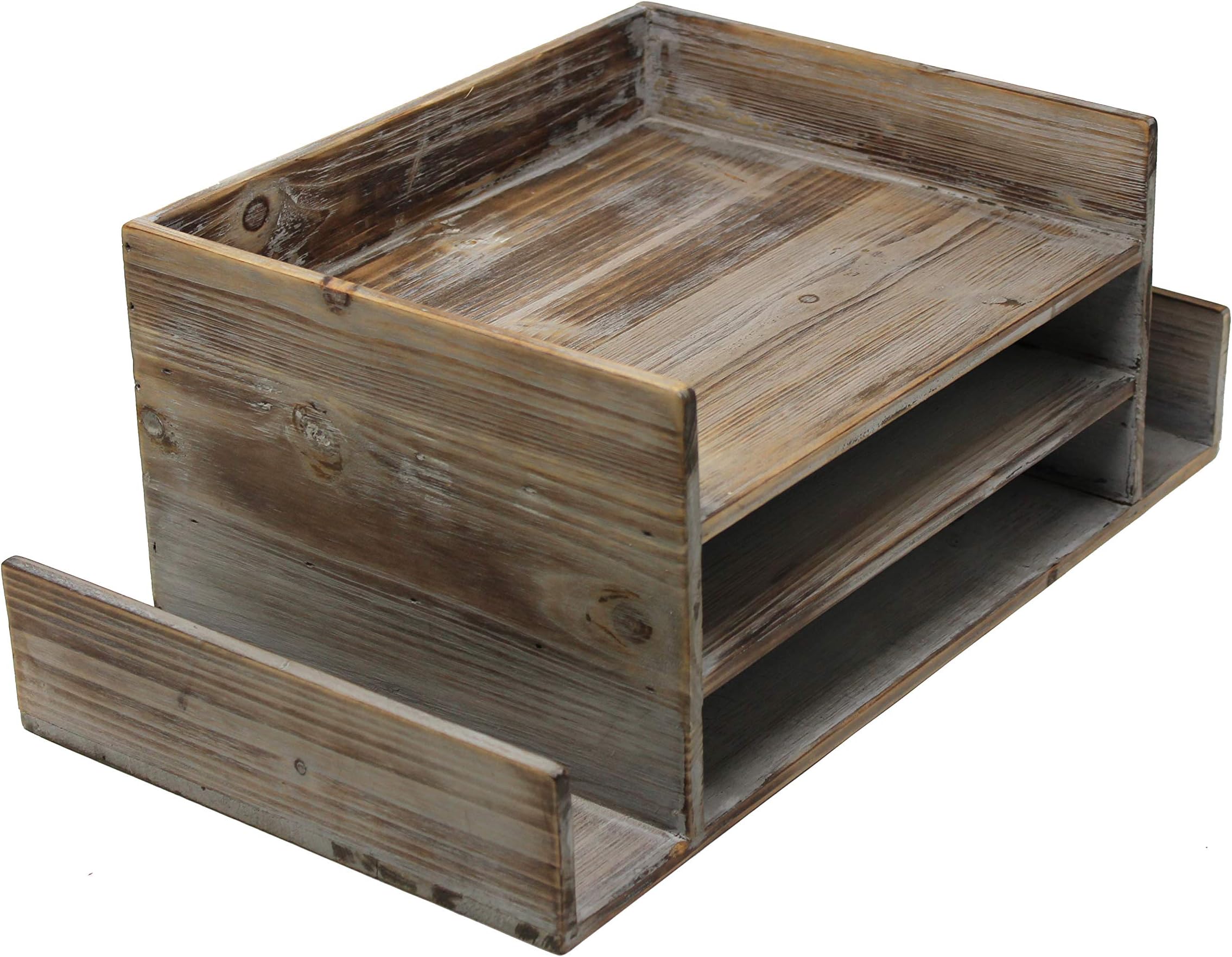 Executive Office Solutions Vintage Rustic Wooden Office Desktop Mail Organizer Rack For Paper, Documents, Notebooks - Distressed Torched Wood - Store Supplies, Desk Accessories, Mail – Barnwood (WO14)