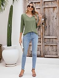 Sherosa Womens V Neck 3/4 Sleeve T Shirts Loose Fit