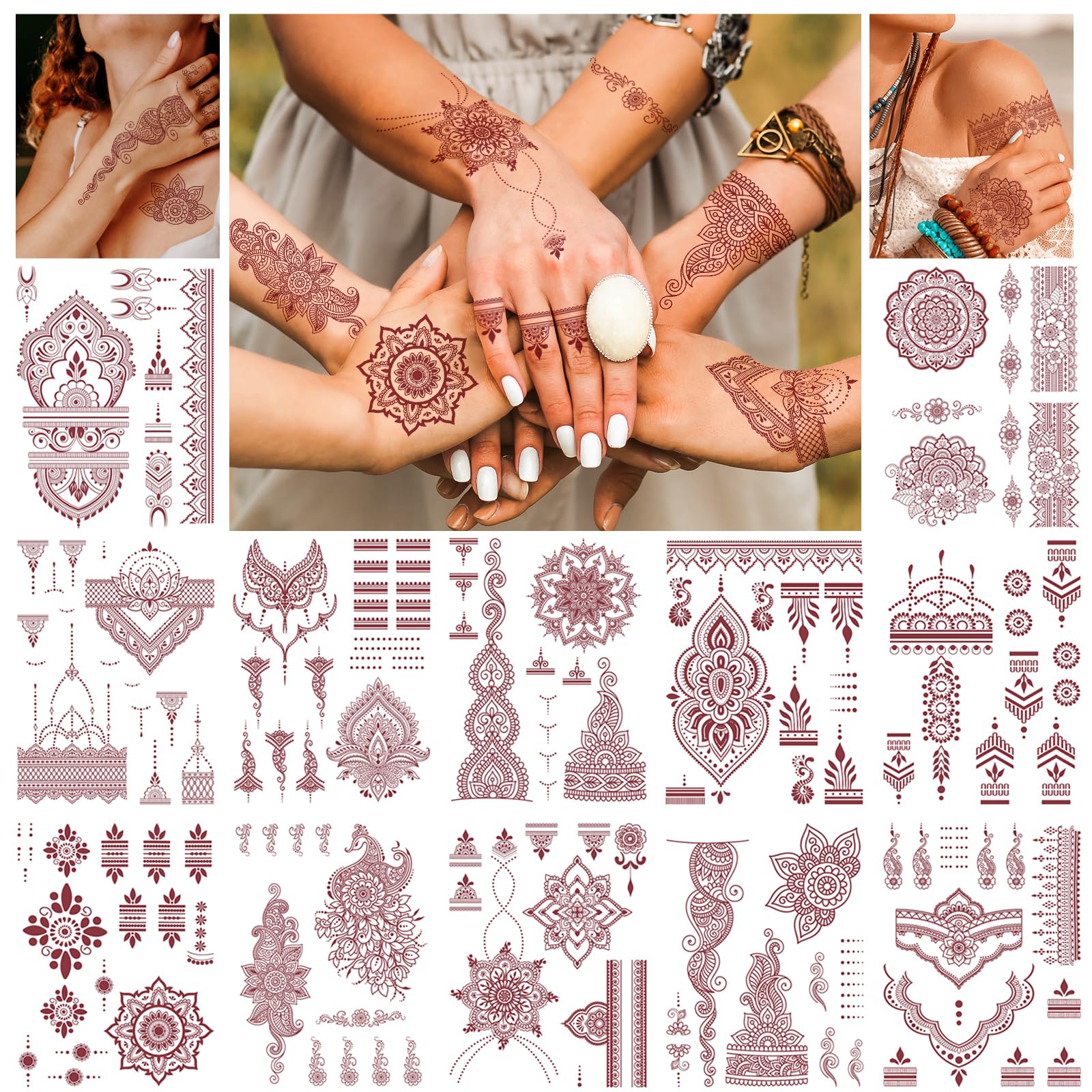 DPKOW 12pcs Brown Red Lace Temporary Tattoos, Mandala Flower Tattoo Stickers for Woman Girls Hand Arm Body Art, Indian Fake Tattoos Eid Wedding Party Favors, Waterproof Bohemia Temporary Tattoos