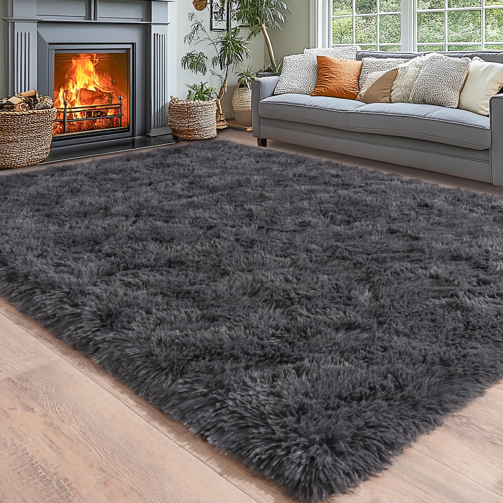 Area Rugs for Living Room 6x9, Ultra Soft Fluffy Rug for Bedroom, Modern Shaggy Carpets Fuzzy Rug for Girls Boys Room Home Indoor Nursery Teens Dorm Decor, Upgrade Non-Slip Durable, Charcoal Grey