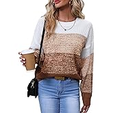 QIANSIQIANBO Women's Striped Color Block Sweater Long Sleeve Crewneck Casual Loose Fit Soft Knit Sweater Pullover Tops