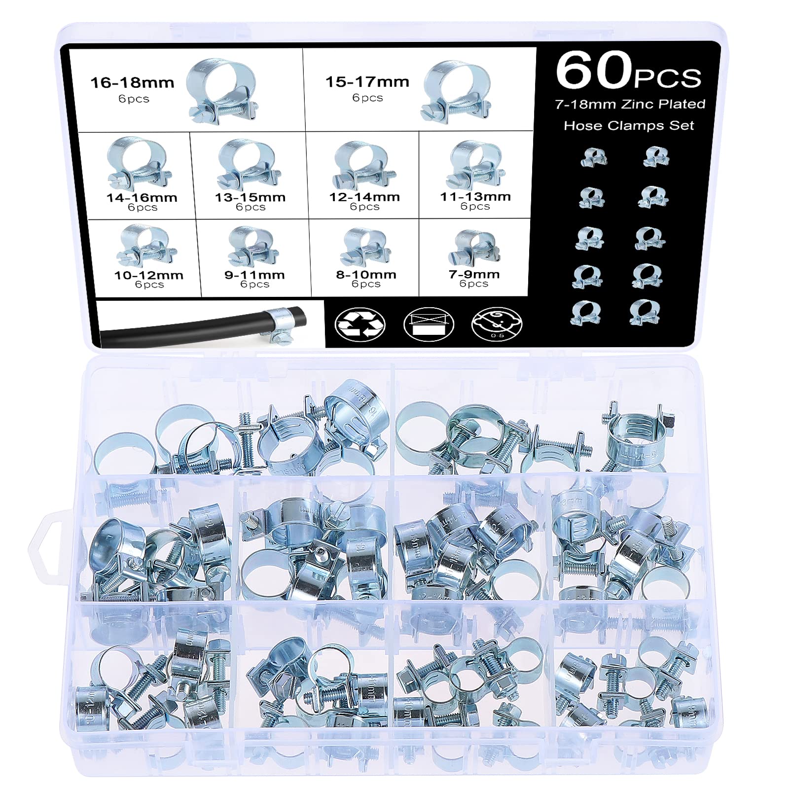 Faankiton 60PCS Hose Clamps Set, 7-18mm Zinc Plated Fuel Injection Hose Clamps Clips, Adjustable Pipe Hose Clip Tube Clamps for Washing Machine Sewer Pipes, Wire, Cable, Garden Hose, Drain Hoses