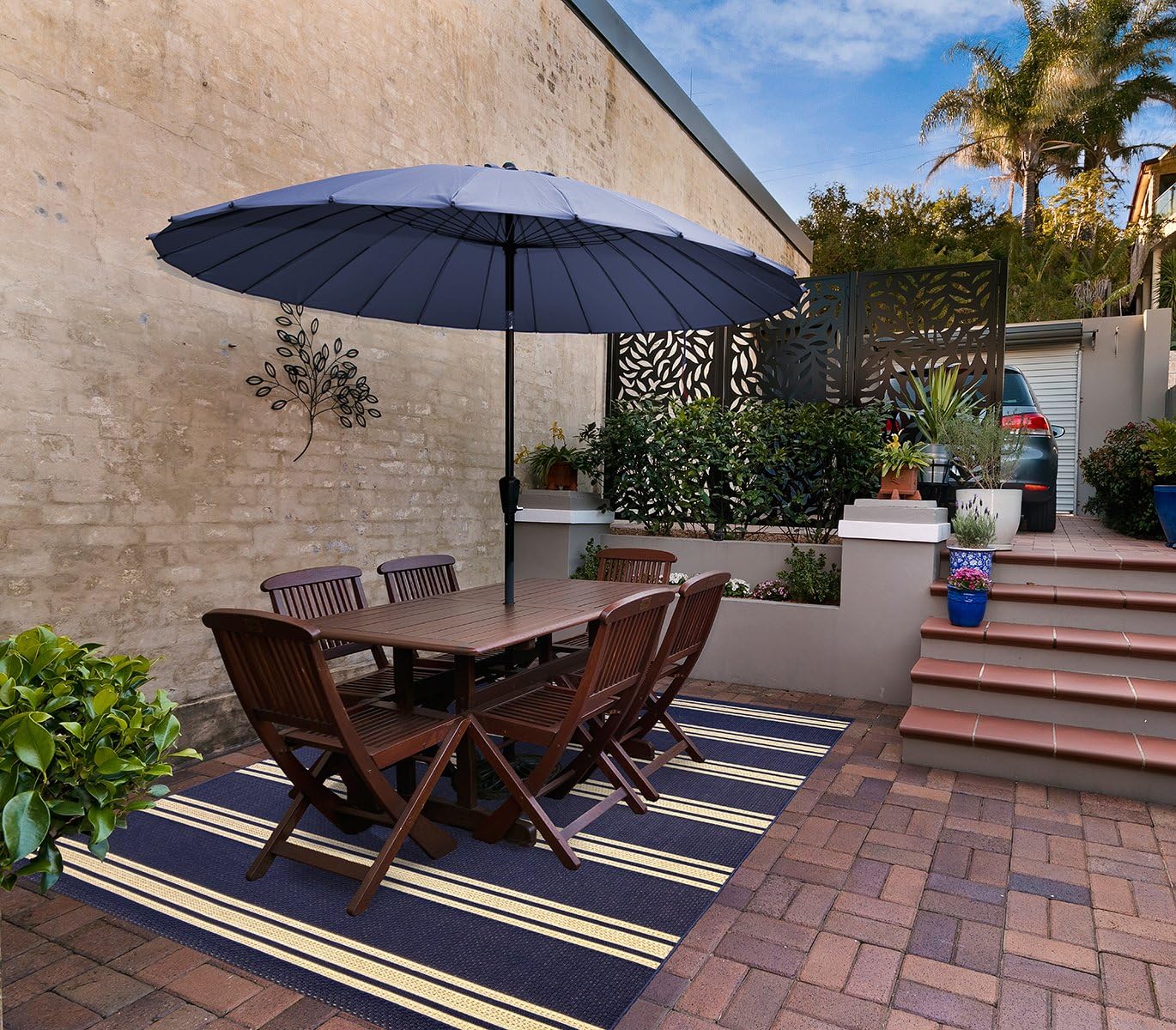 Amazon Com Gertmenian 21287 Miotail Prime Modern Outdoor Patio Rug 8x10 Large Navy Stripe Garden Outdoor