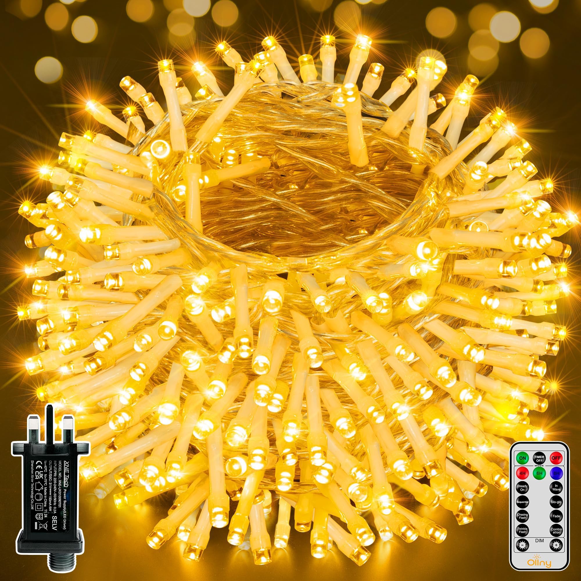 Ollny Christmas Tree Lights Outdoor Indoor, 60m 600LED Fairy Lights Mains Powered, Warm White Xmas String Light Waterproof with Timer/8 Modes/Remote/Dimmable for Outside/Garden/Window Decorations