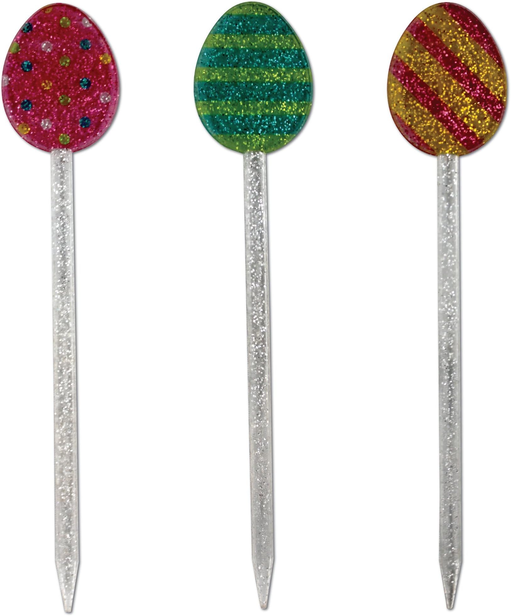 Royer 6" Colorful Easter Egg Swizzle Sticks, Picks, Crystal w/Silver Glitter, Digitally Printed, Set of 24 - Made in USA