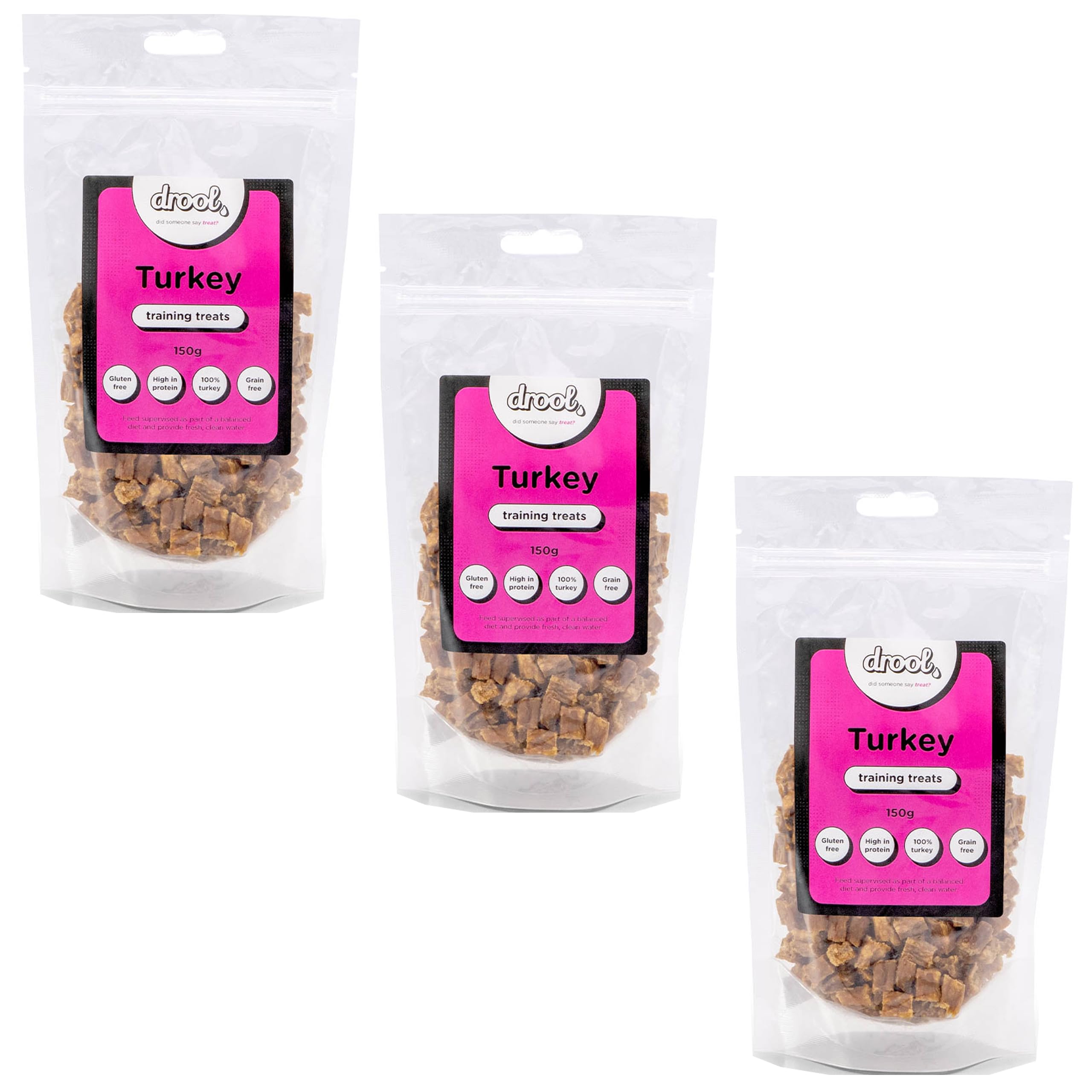Drool Pet Products Natural Air Dried Dog Treats | Dried Fresh Turkey | Grain Free Healthy Training Chews for Dogs | 3 x 150g