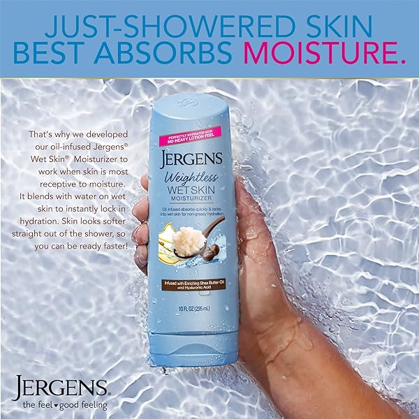JERGENS WET SKIN BODY MOISTURIZER WITH SHEA BUTTER OIL, PURE SHEA BUTTER IN SHOWER BOD LOTION, MOISTURIZER FOR DRY SKIN, FAST-ABSORBING, NON-STICKY, DERMATOLOGIST TESTED, 10 OZ