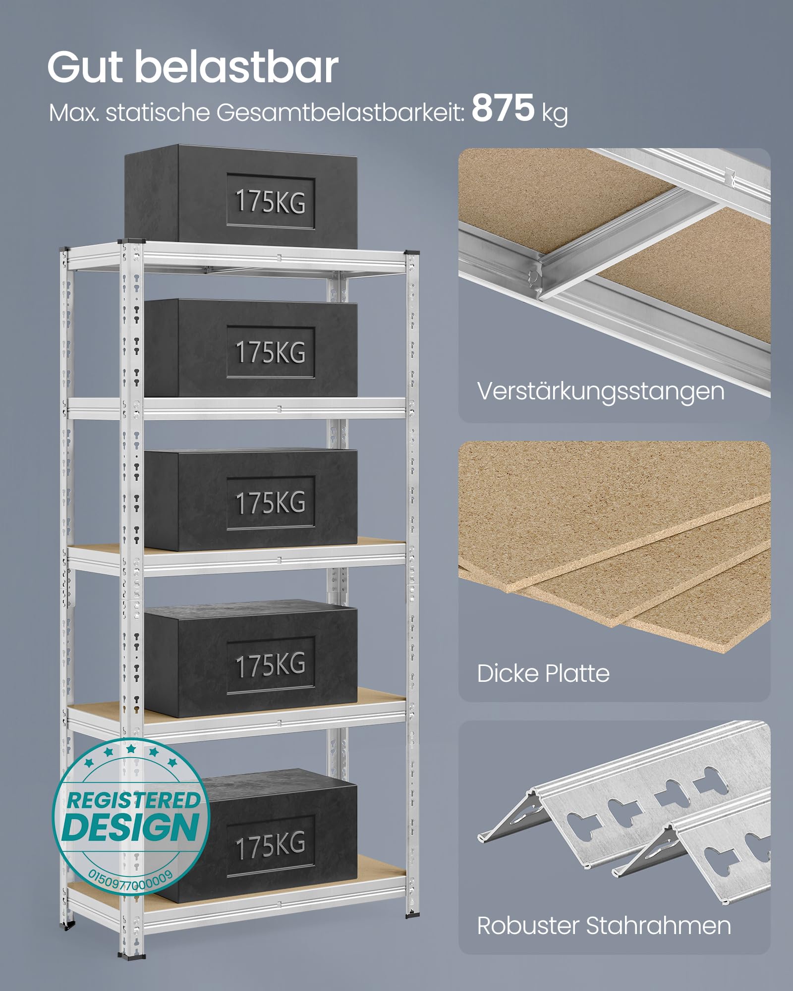 SONGMICS Schwerlastregal, 2er Set, Kellerregal, 40 x 90 x 180 cm, bis 875 kg belastbar, einfache Montage, Lagerregal, verstellbare Ablagen, Lagerregal, silbern GLR455E01 7