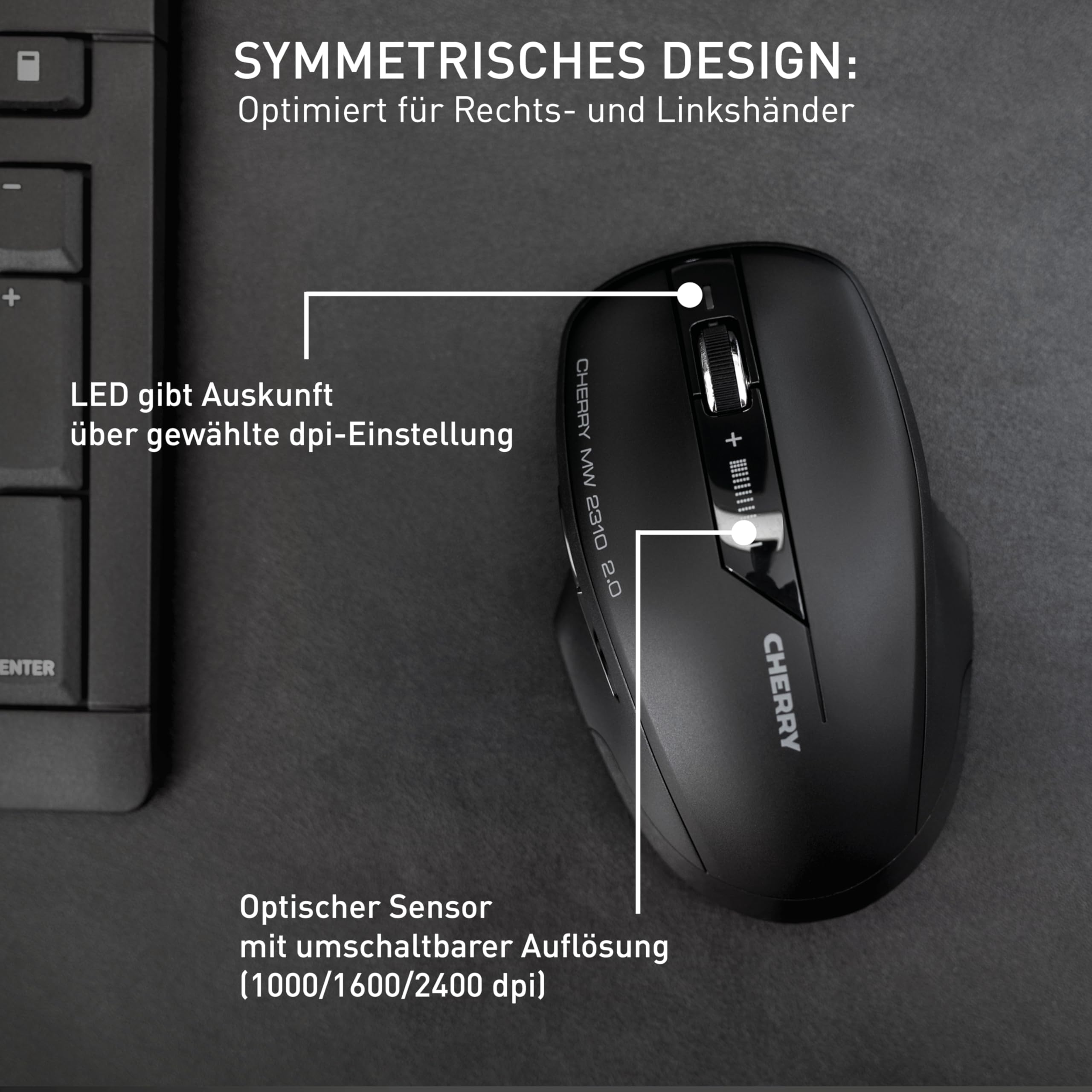 CHERRY MW 2310 2.0, Kabellose 6-Tasten-Maus, 2,4 GHz Funk mit 10 m Reichweite, Optischer Sensor & DPI-Schalter, Nano-USB-Empfänger, Beidhändig Nutzbar, Schwarz 5