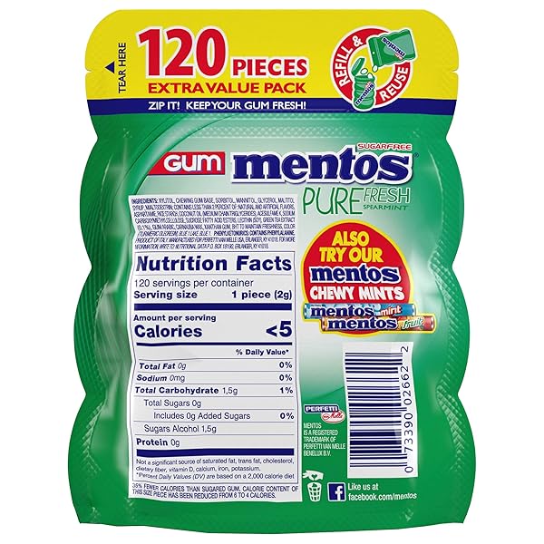 MENTOS PURE FRESH SUGAR-FREE CHEWING GUM WITH XYLITOL, SPEARMINT, 120 PIECE BULK RESEALABLE BAG