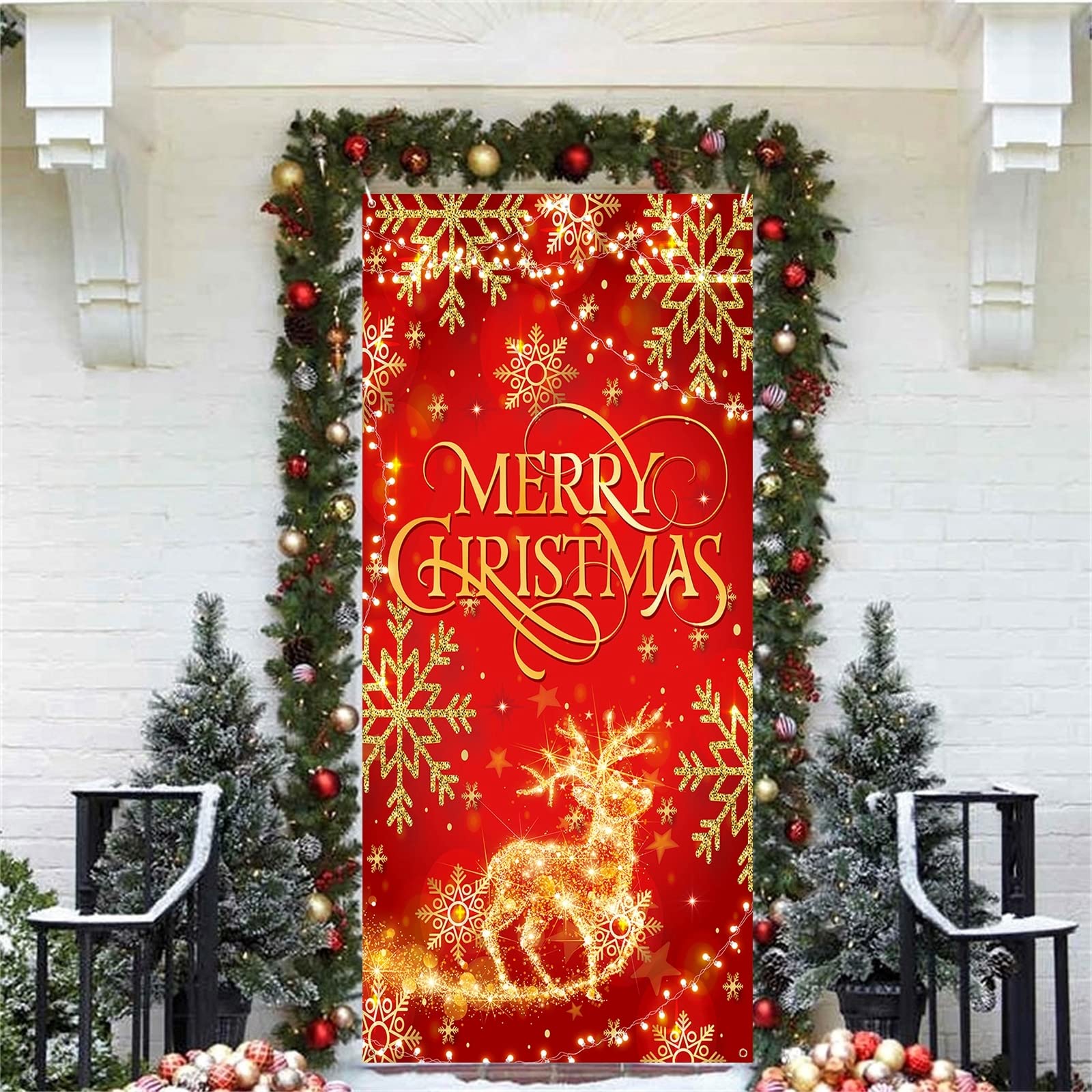 Christmas Decorations Door Banner, Red Glitter Merry Christmas Reindeer Elk Door Cover Sign, Large Fabric Xmas Party Decorations Backdrop for Outdoor Indoor New Year Holiday Home Yard Garden, 90x185cm