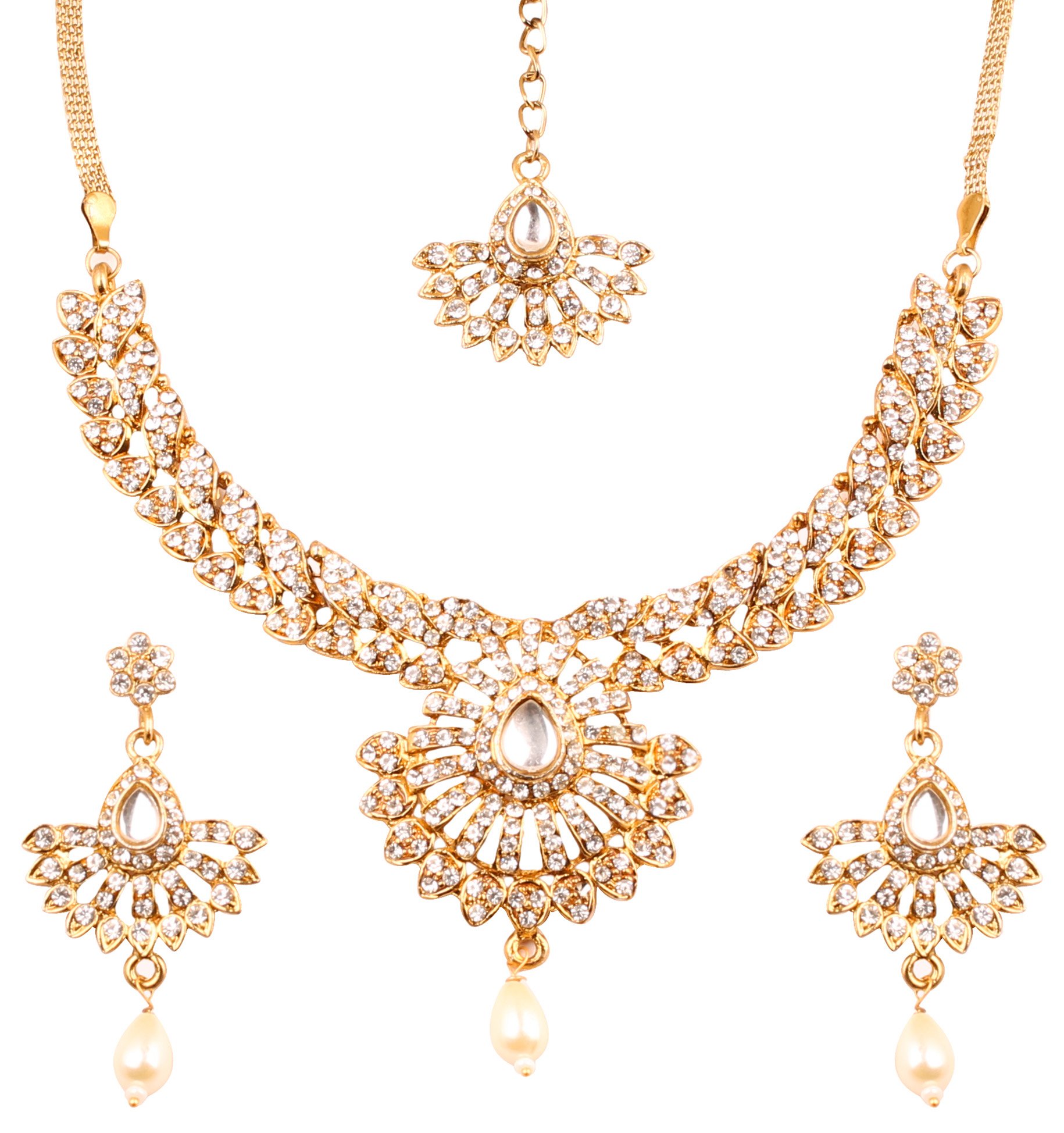 Touchstone Hollywood Glamour filigree white crystals bridal jewelry necklace in antique gold tone for women