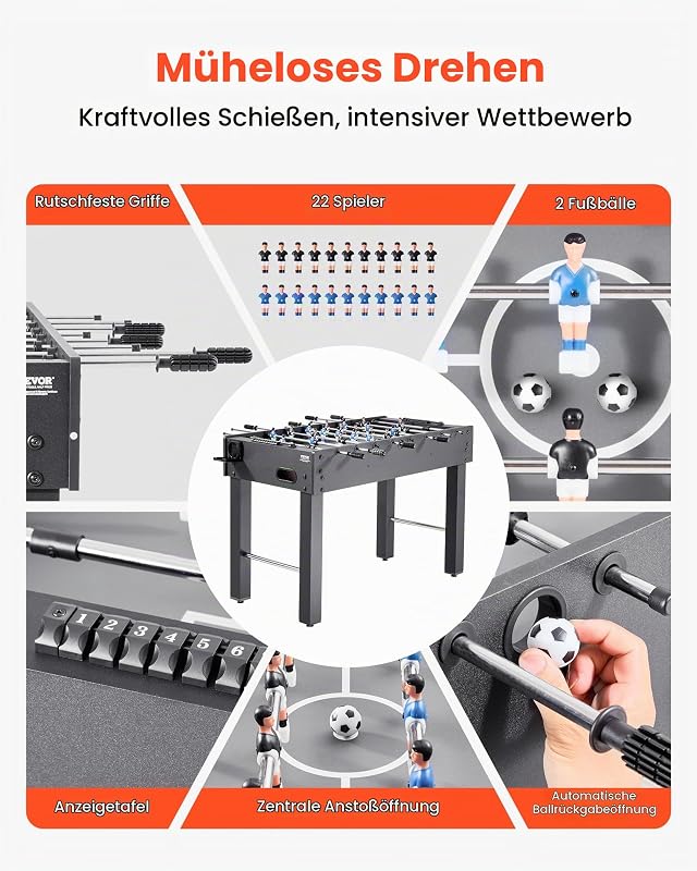 Tischfußballtisch in Standardgröße (1212 x 610 x 838 mm), Indoor-Kickertisch für Zuhause, Familie und Spielzimmer, langlebiges Set, inkl. 2 Bällen & Punktezähler & 2 Getränkehaltern