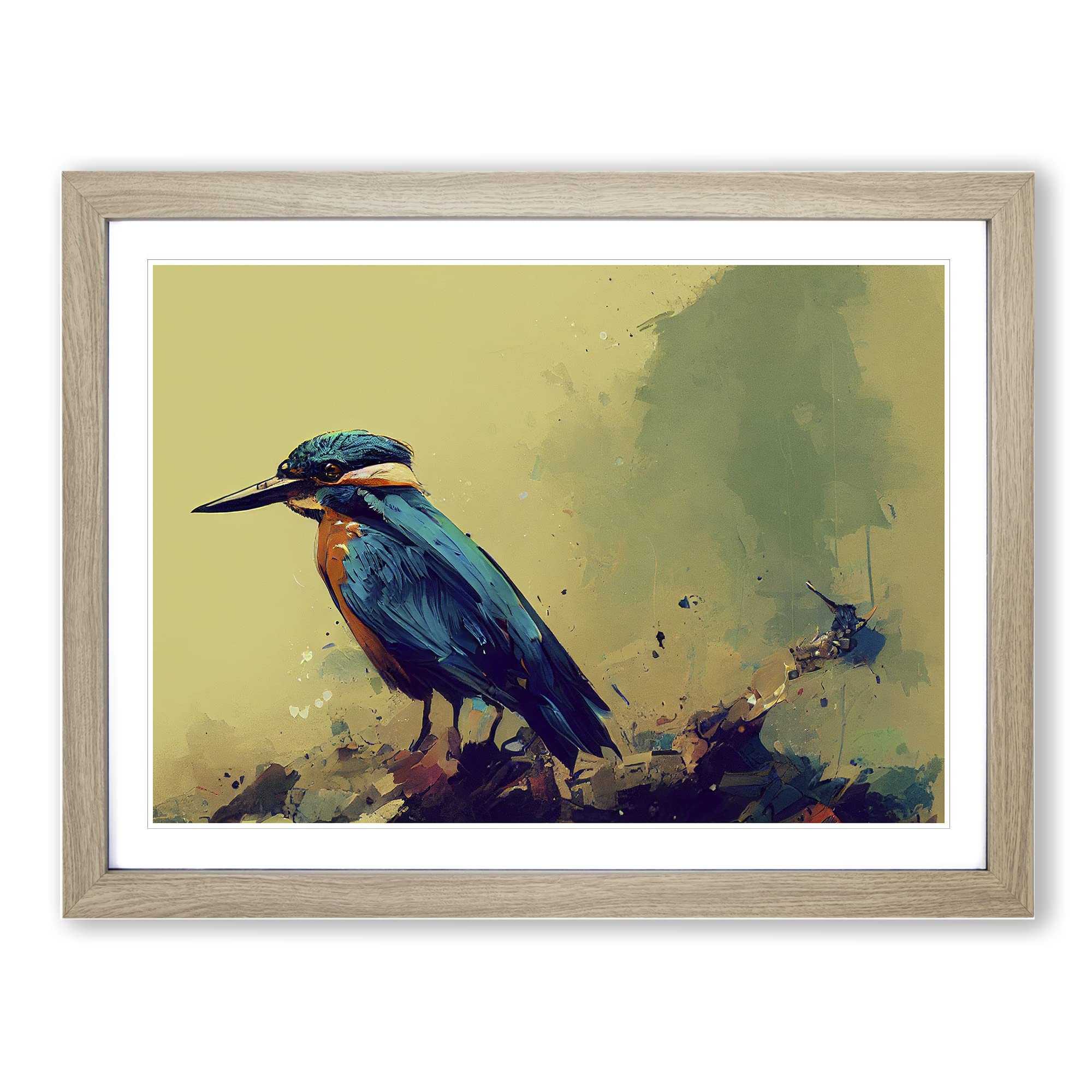 Kingfisher Bird Art Painting Vol.8 Framed Print | A4 Oak Framed Wall Art | Ready to Hang | Modern Historical Picture | Living Room Bedroom Lounge Office