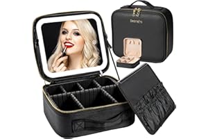 Seoneiro Makeup Travel Bag with LED Lighted Mirror Adjustable Brightness Portable Waterproof Makeup Case with Adjustable Dividers, Make up Train Case Organizer Makeup Brush Accessories and Tool Case