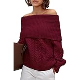 MASCOMODA Womens Sweaters Off The Shoulder Long Sleeve Cable Knit Sweater Loose Chunky Pullover Dressy Work Tops Fall Fashion