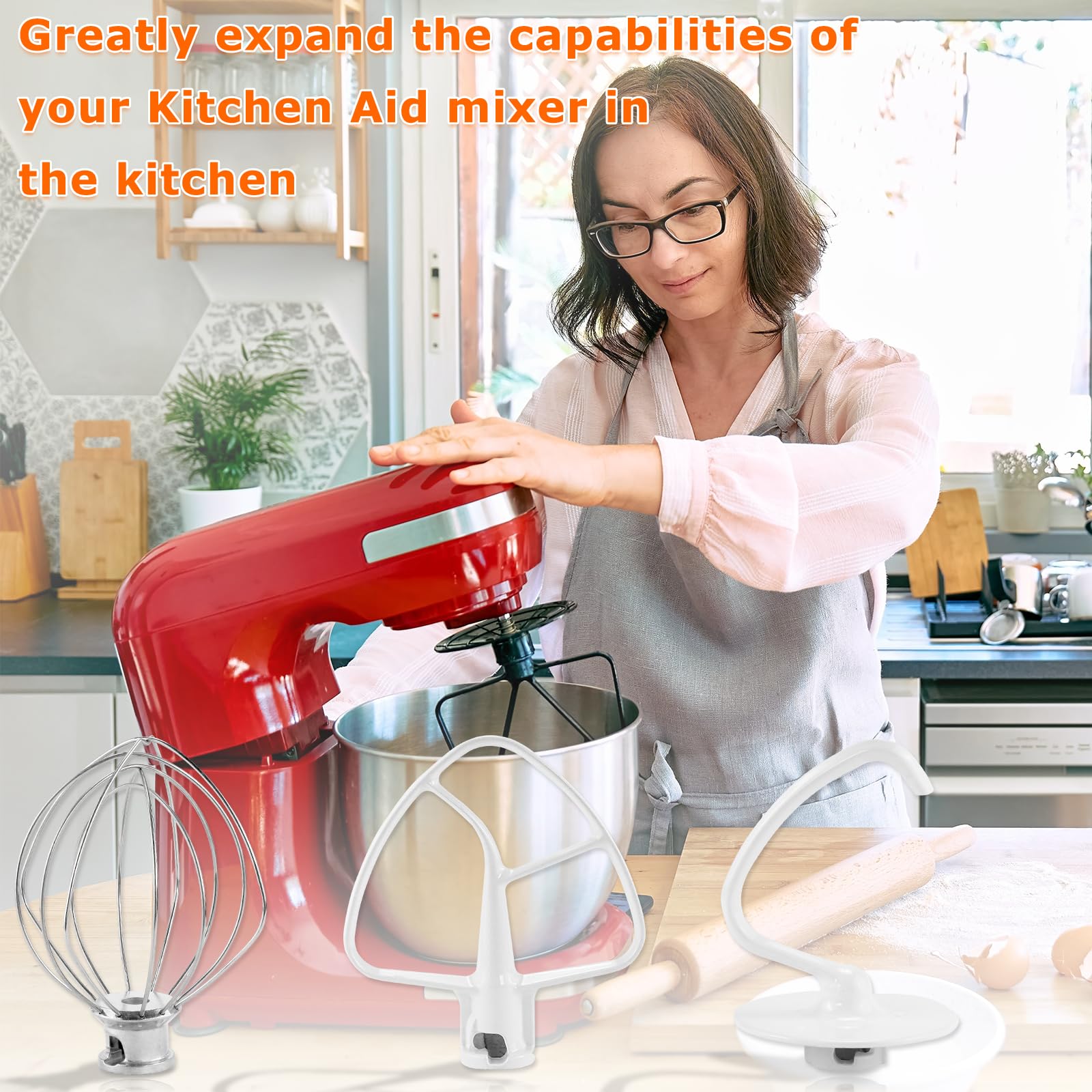 Stand Mixer Attachments 3-Piece Kit -Replace for Kitche.n aid Accessories K45WW Wire Whip/ K45DH Dough Hook /K45B Coated Flat Blade Paddle with Scraper -Stainless Steel by TOMOON