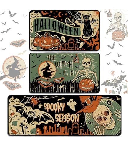 Halloween Kitchen Mat Set Of 2, Spooky Skeleton Gothic Halloween Kitchen Decor Halloween Rug Floor Indoor Spooky Home Decor Non Slip Backing 17 X 29 Inch