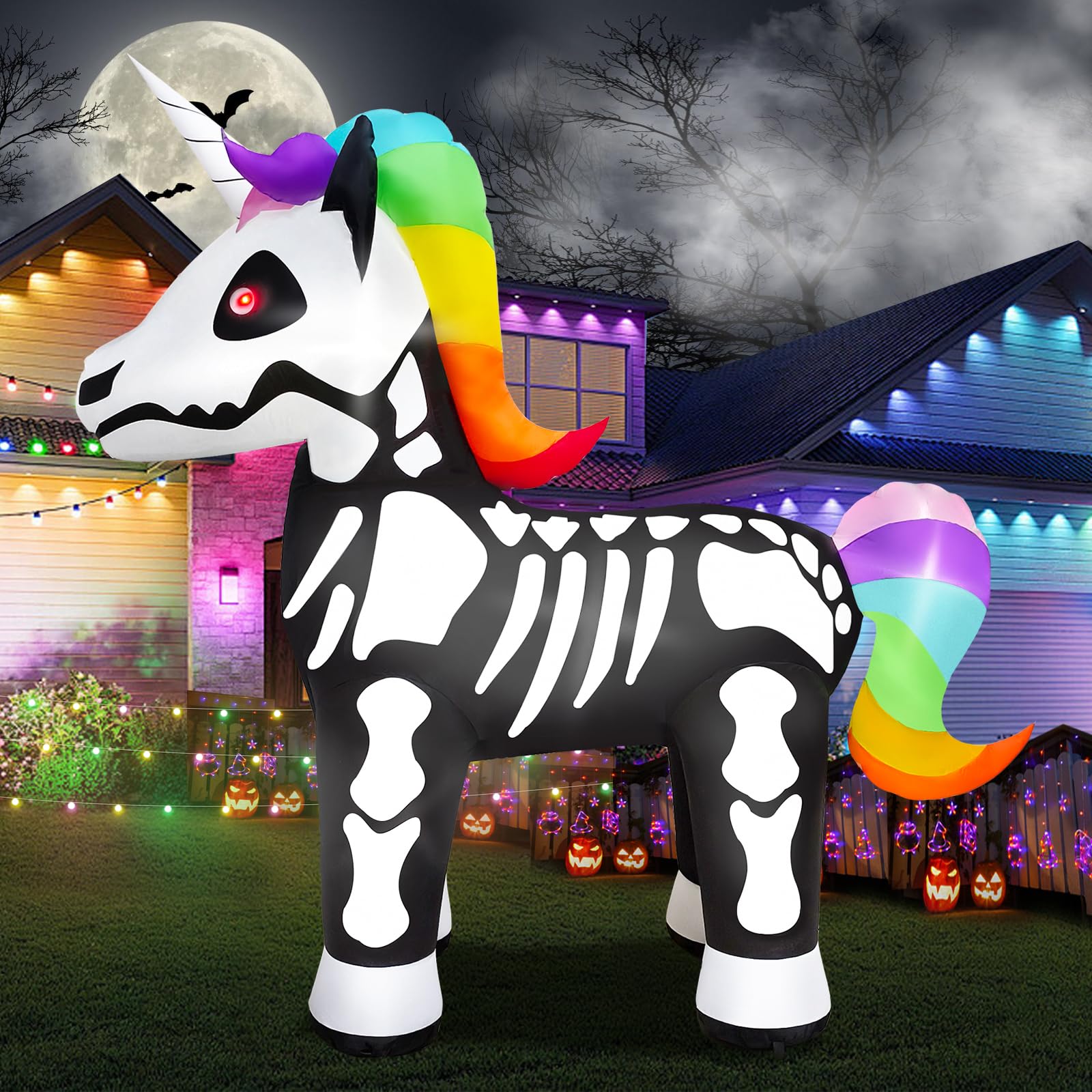 Photo 1 of inslife 6FT Tall Halloween Inflatable Unicorn Skeleton with Colorful Hair and Tail Outdoor Decoration, Halloween Blow Up Unicorn Skeleton Inflatables Built-in 5 Bright LEDs for Halloween Yard Decor