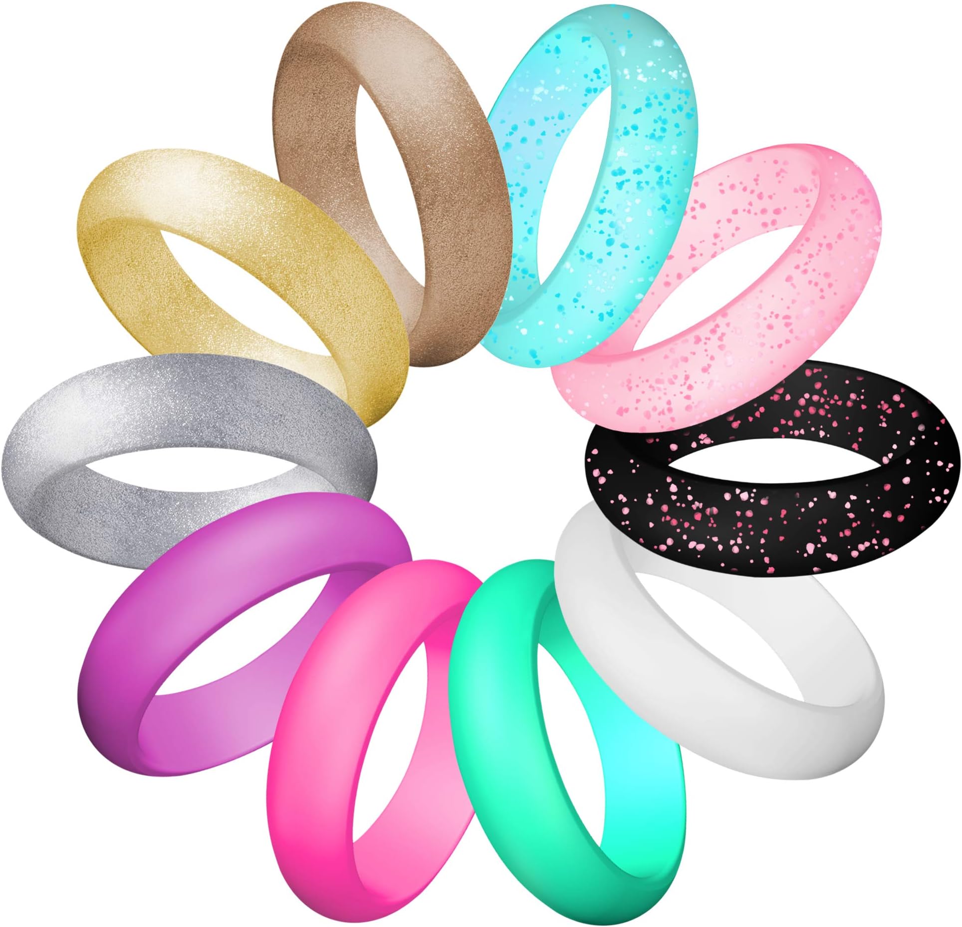 LUNIQI Silicone Wedding Ring for Women, Thin and Stackable Durable Rubber Safe Band for Love, Couple, Souvenir and Outdoor Active Exercise Style-10 Rings Pack
