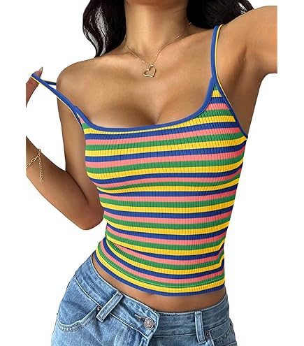 Milumia Women Casual Rainbow Striped Ribbed Knit Cami Top