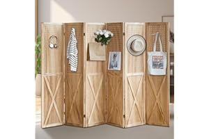 ALeesing 6 Panel Room Divider, 5.6Ft Pegboard Display Wood Room Divider Folding Privacy Screens, Room Divider Peg Board Display Freestanding for Trade Show Craft Show Home Wall Organizer, Light Brown