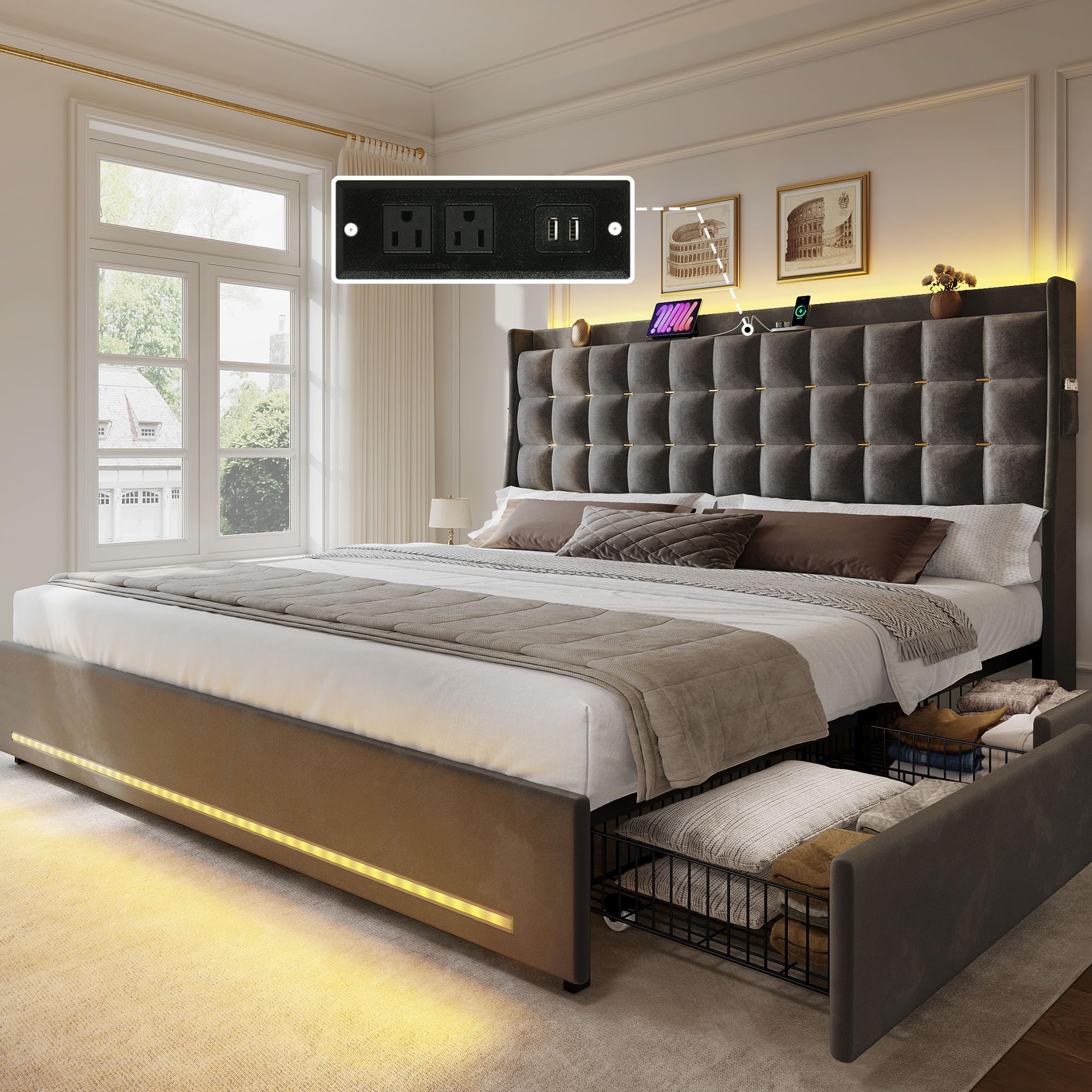 Photo 1 of ***BOX 1 ONLY***YITAHOME King Size Bed Frame with 4 Drawers and RGB LED Lights, Velvet Upholstered Platform Bed with Charging Station and Storage Headboard, No Box Spring Needed, Easy Assembly, Noise-Free, Grey