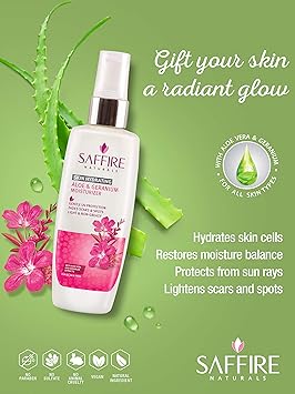 Saffire Naturals Aloe Geranium Skin Hydrating Moisturiser | For All Skin Types | Paraben Free | Sulphate Free | 100 ml